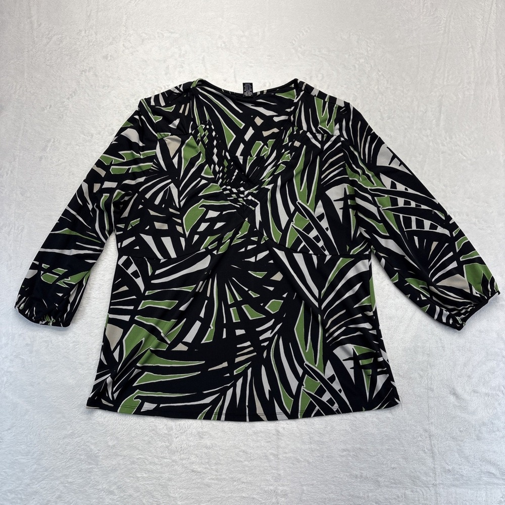 ALFANI Womens Blouse XL Green Black V-neck 3/4 Sleeve